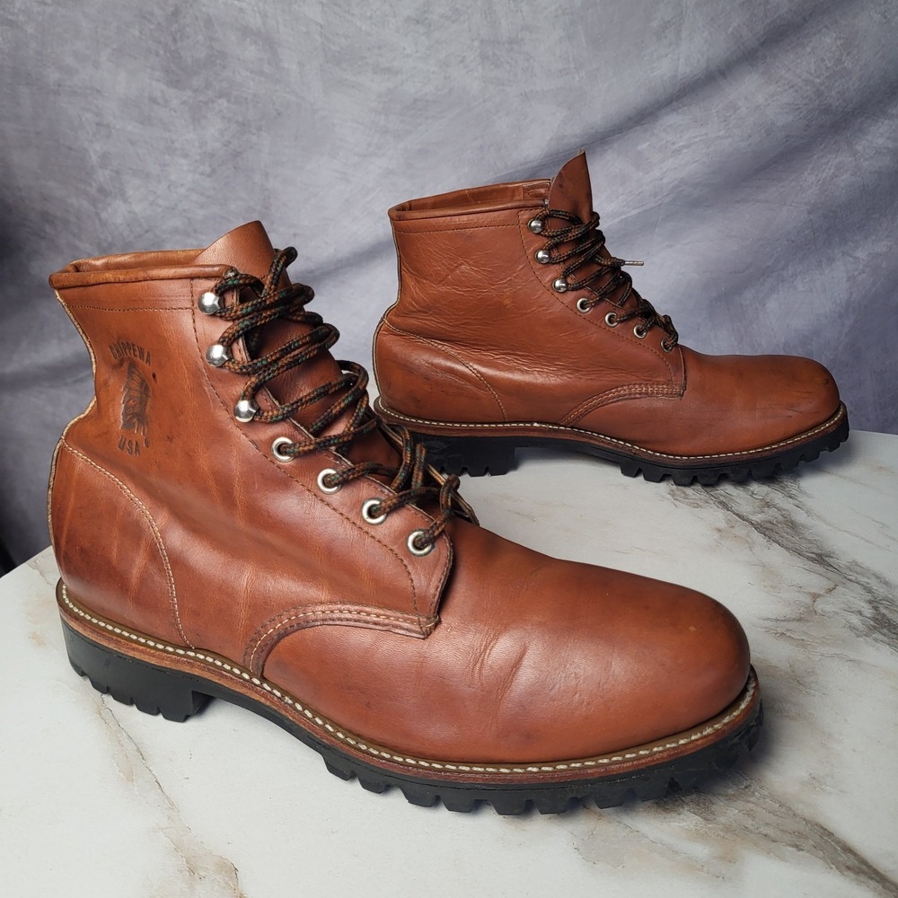 Vintage Chippewa Men's 13 D Leather Logger Work Boots USA Made Vibram Lug Sole